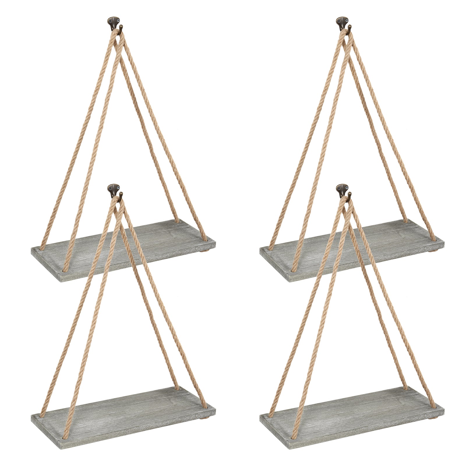 Set of 4 Olive Green Wall-Mounted Rope Swing Shelves - Floating Wooden Hanging Displays for Indoor Plants, Books, and Decorative Home Accents