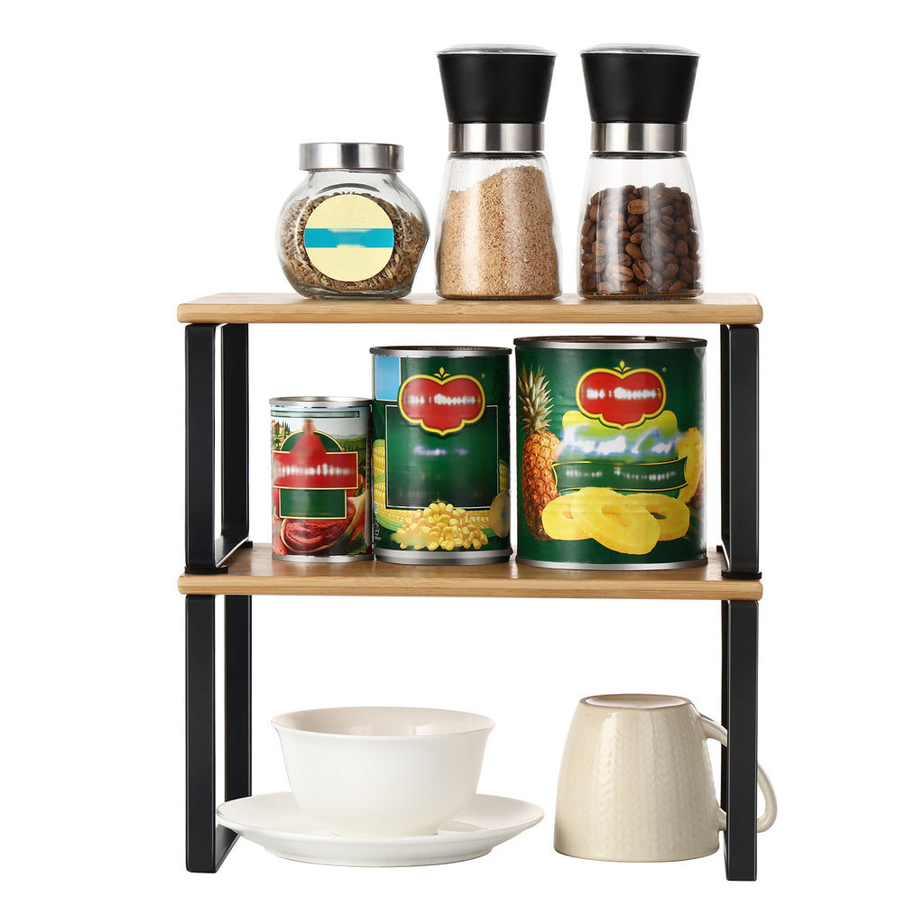 2-Pack Expandable Cabinet Shelf Organizers - Stackable Kitchen Counter & Pantry Shelves, Black Metal