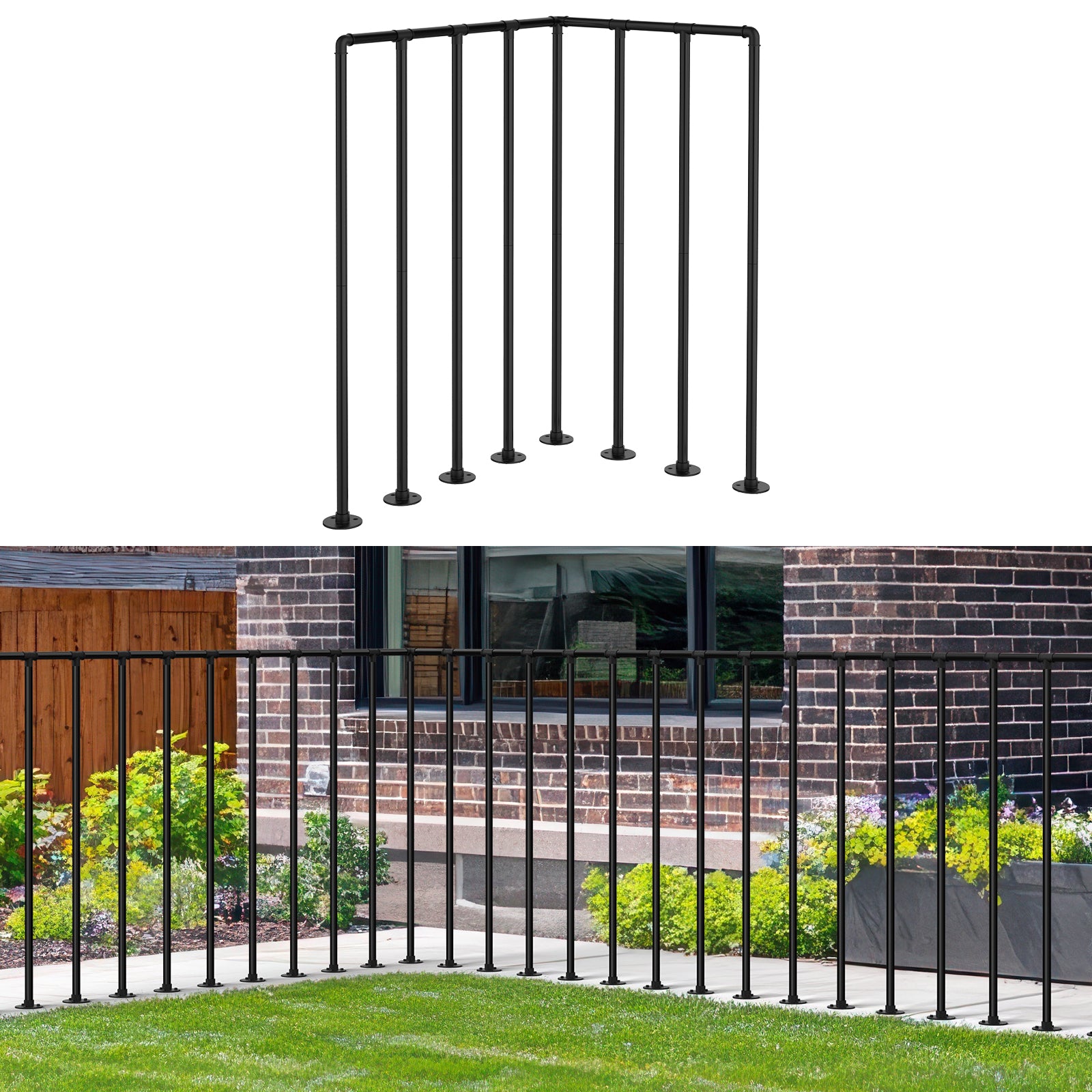 Porch Deck Railing Kit, Metal Deck Balusters, Black Horizontal Wrought Iron Guard Fence Handrail, Flat Hand Rails System for Outdoor/Indoor Porch, Balcony, Patio
