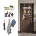 Metal Over The Door Hooks Organizer with Hooks & 2 Mesh Baskets Door Hanger Organizer for Bathroom, Kitchen, Bedroom, White