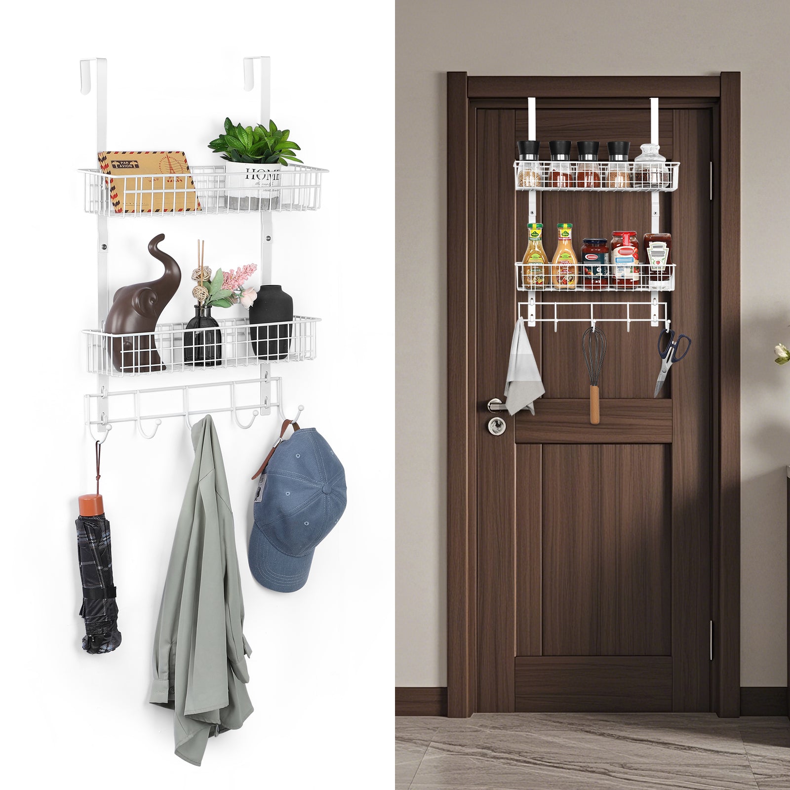 Metal Over The Door Hooks Organizer with Hooks & 2 Mesh Baskets Door Hanger Organizer for Bathroom, Kitchen, Bedroom, White