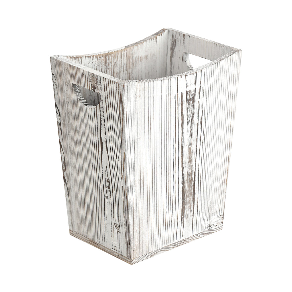 Small Grey Distressed Wood Bin with Dual Handles for Trash Disposal in Bedrooms and Bathrooms