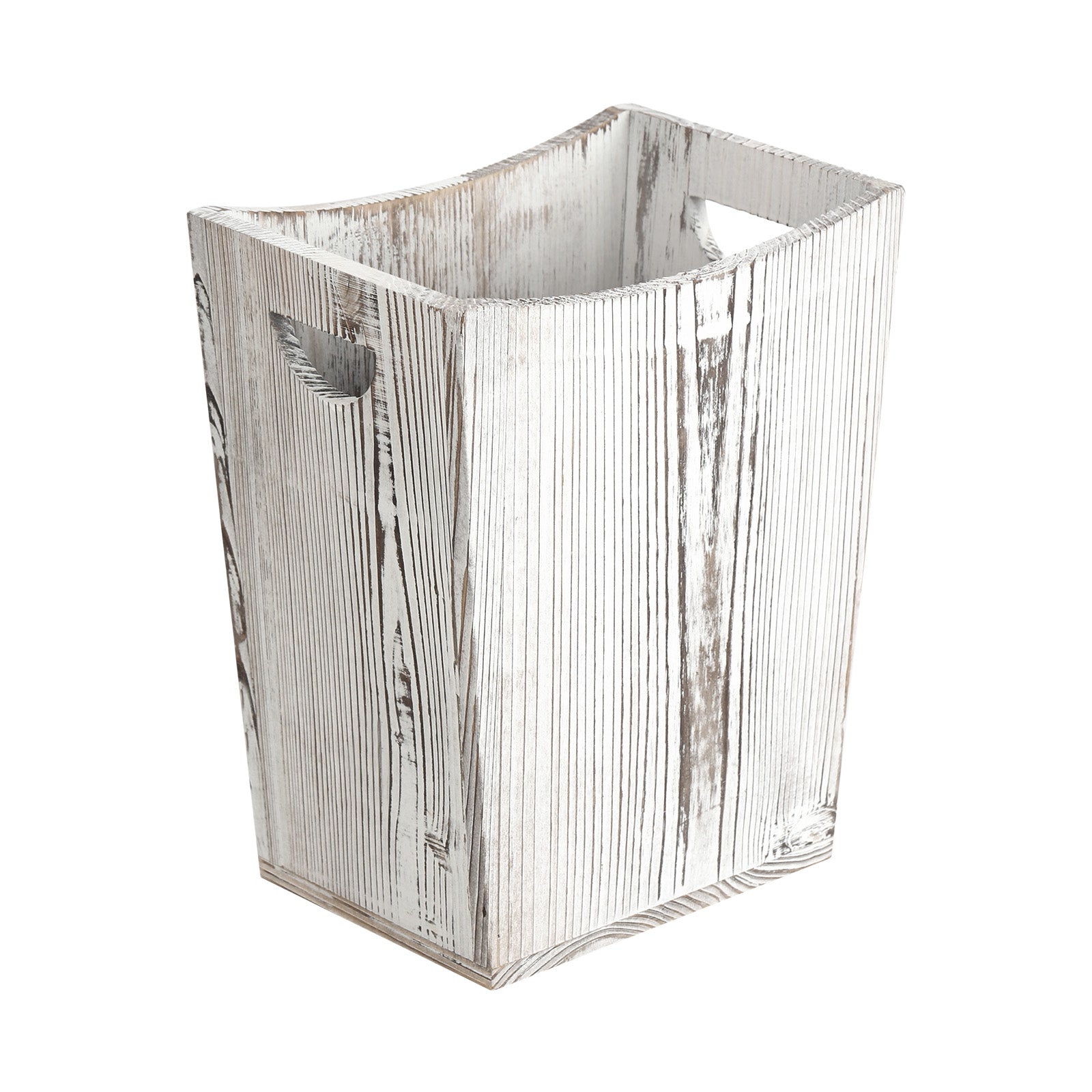 Small Grey Distressed Wood Bin with Dual Handles for Trash Disposal in Bedrooms and Bathrooms