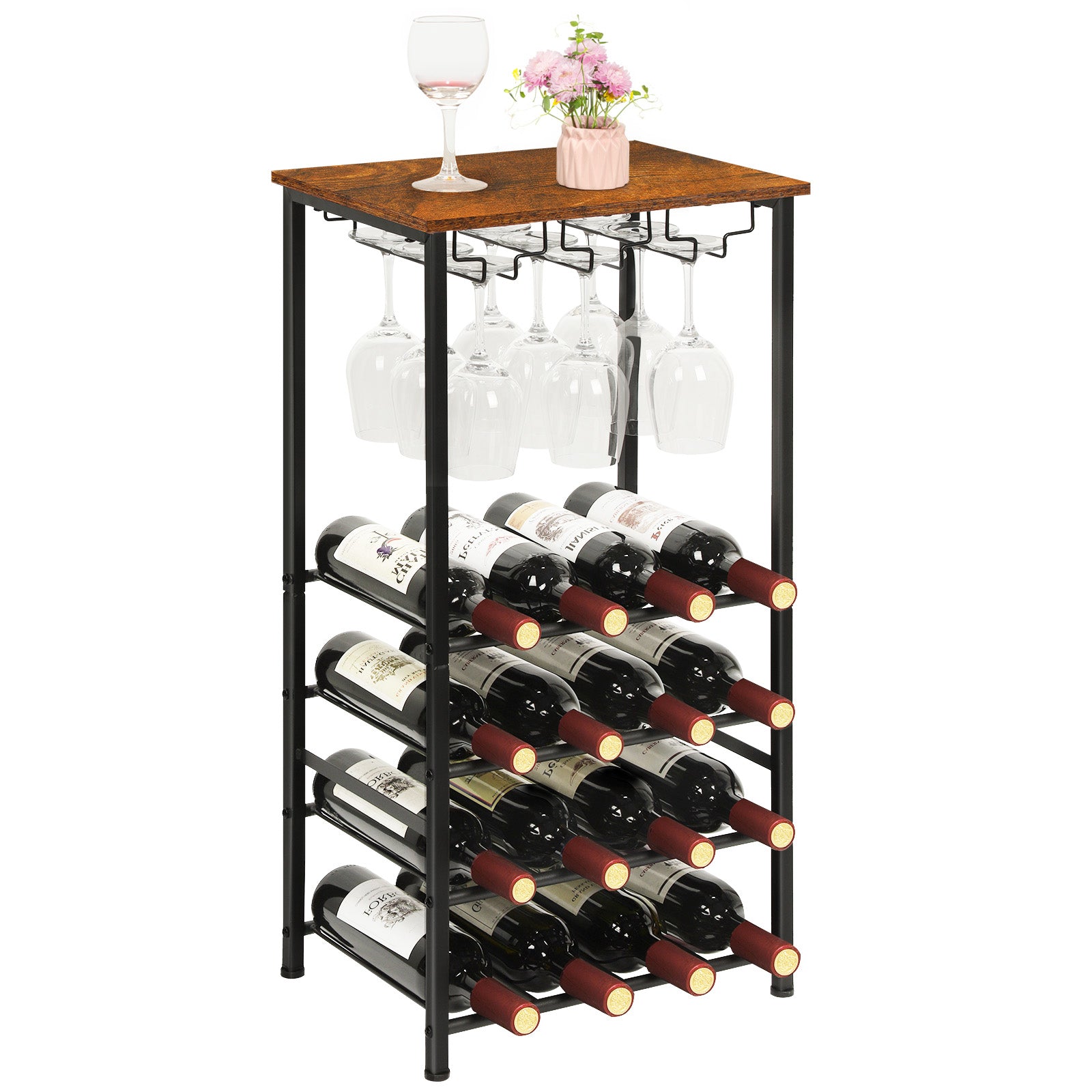 Freestanding Wine Rack Floor Stand with Glass Hanging Holder, Gray Oak Wood Top Metal Wine Storage Organizer, Holds 16 Wine Bottles & 9 Stem Glasses, Bar Cabinet Rack for Kitchen Dining Living Room