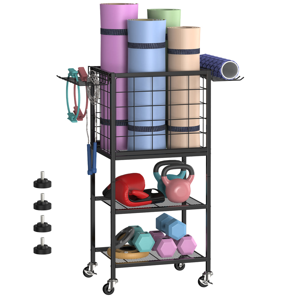 Home Gym Equipment Storage Rack w/ Wheels - Weight Rack, Yoga Mat Holder & Hooks, White