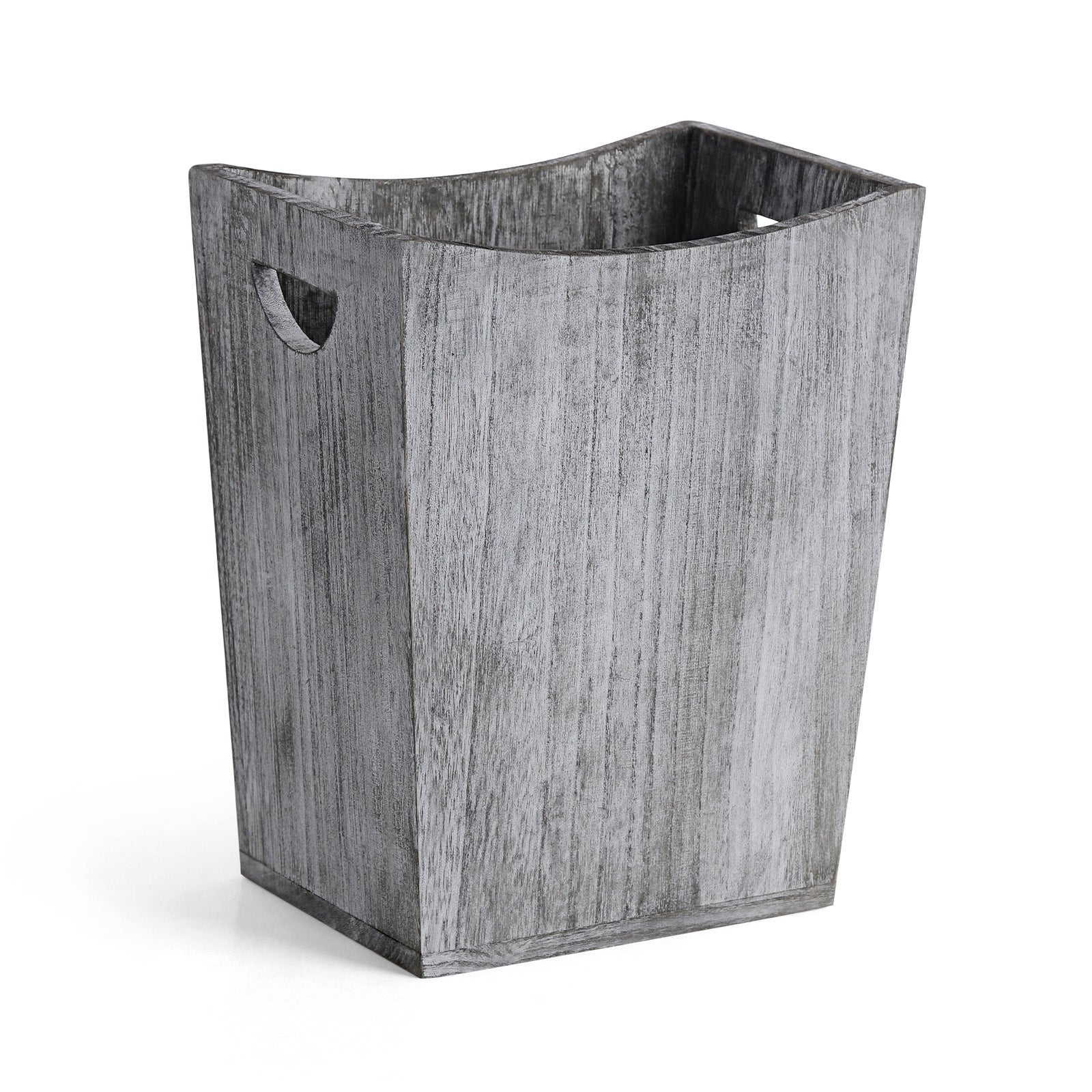 Small Grey Distressed Wood Bin with Dual Handles for Trash Disposal in Bedrooms and Bathrooms