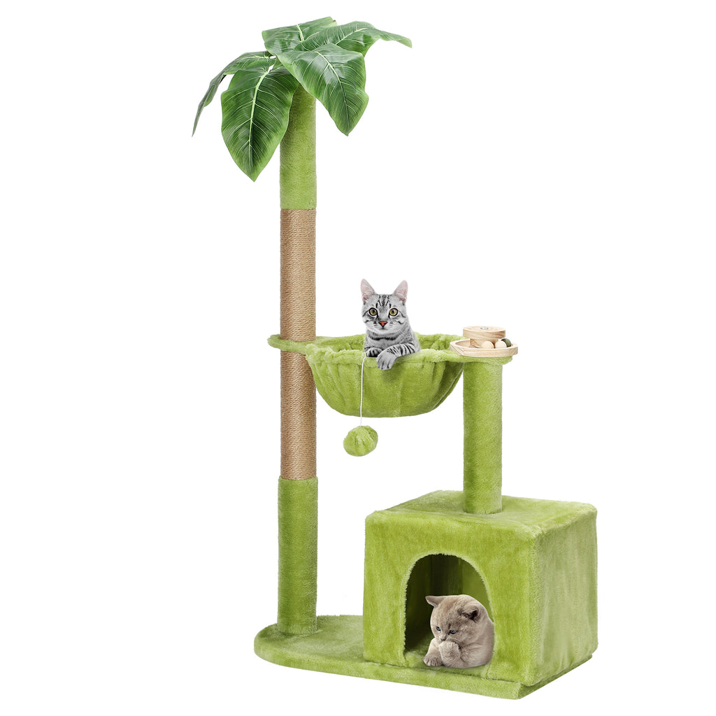 Cat Tree for Indoor Cats, Cat Tower with Large Hammock, Cat Condo Cat House Dangling Ball and Palm Leaf, Scratching Post for Indoor Kittens and Cats(Green)