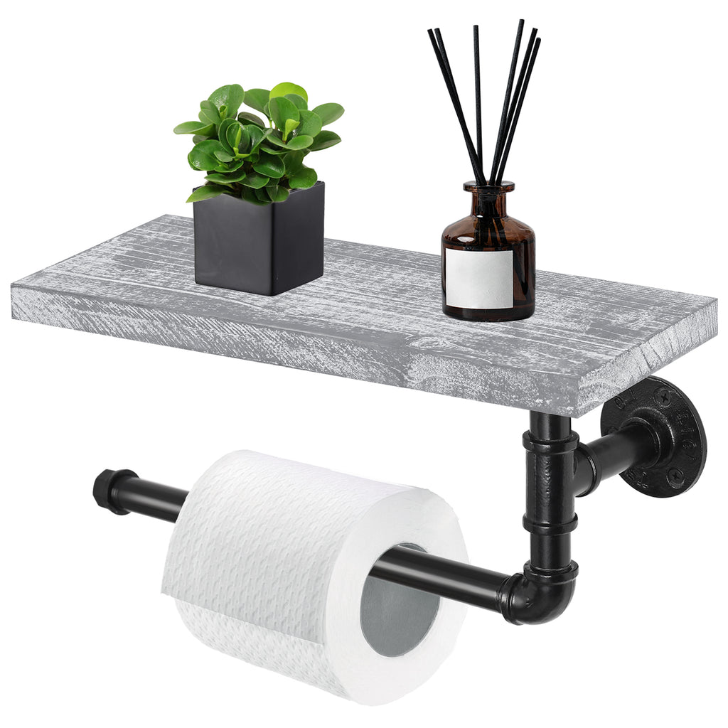 Wall Mounted Industrial Tissue Storage Rack with Wood Shelf, Grey White Kitchen and Bathroom Paper Towel Dispenser Holder