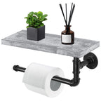 Wall Mounted Industrial Tissue Storage Rack with Wood Shelf, Grey White Kitchen and Bathroom Paper Towel Dispenser Holder