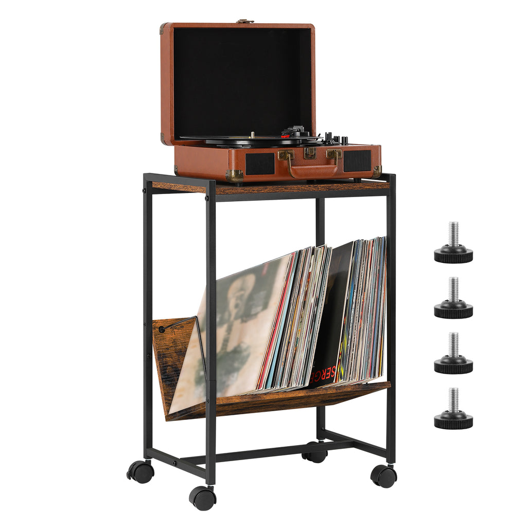 Vintage Vinyl Storage Unit and Turntable Station, Compact Black Side Table with 70 LP Capacity for Home Audio Setup