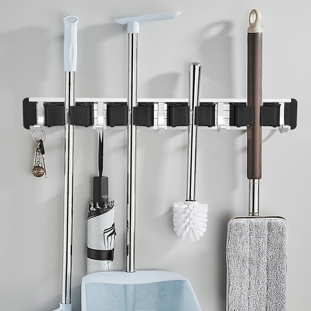 Heavy Duty Wall Mount Mop & Broom Holder 2 Pack, Aluminum Garage Tool Storage Rack with Adjustable Clips and Hanging Hooks, Multi-Purpose Wall Organizer for Cleaning Supplies, Garden Tools, Umbrellas