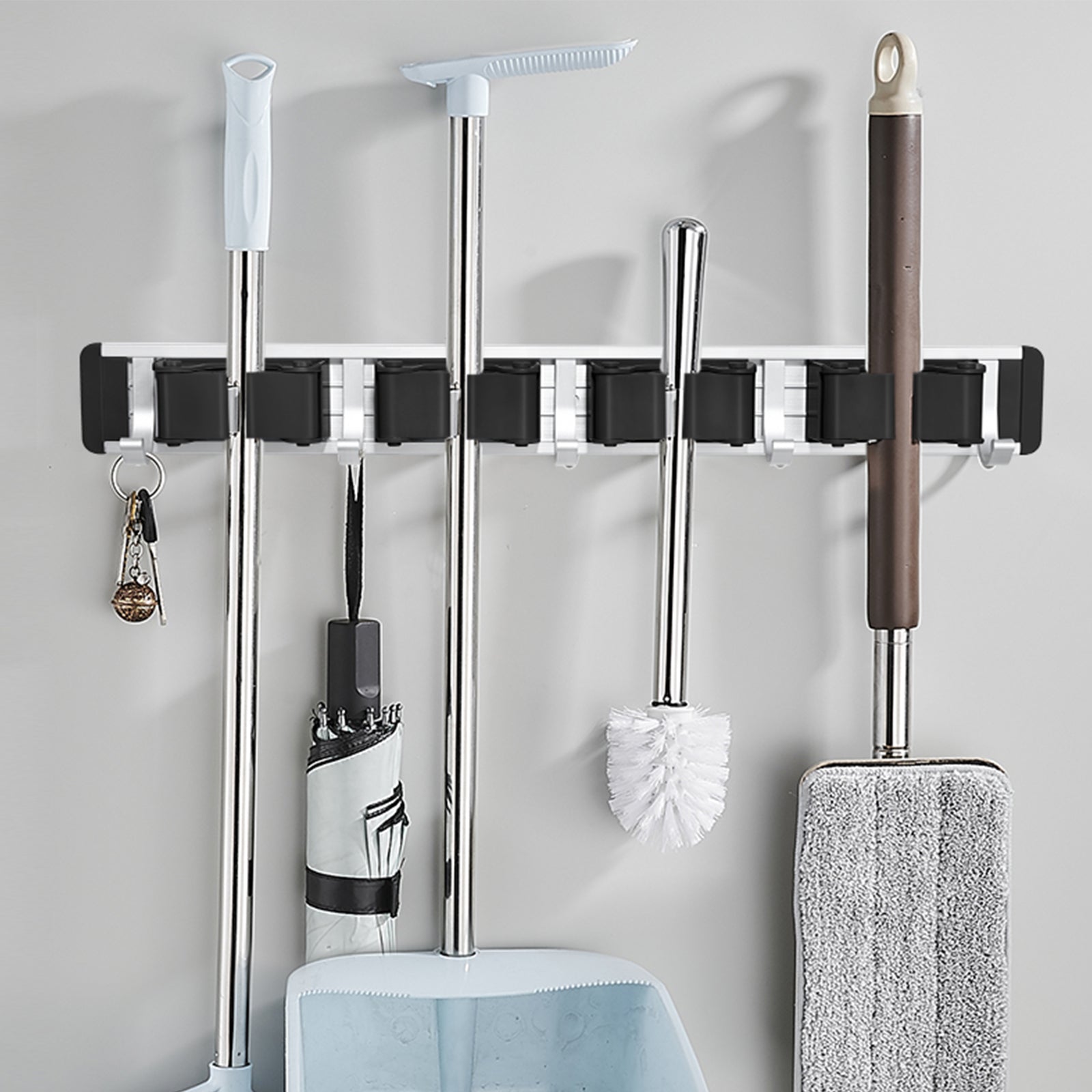 Heavy Duty Wall Mount Mop & Broom Holder 2 Pack, Aluminum Garage Tool Storage Rack with Adjustable Clips and Hanging Hooks, Multi-Purpose Wall Organizer for Cleaning Supplies, Garden Tools, Umbrellas