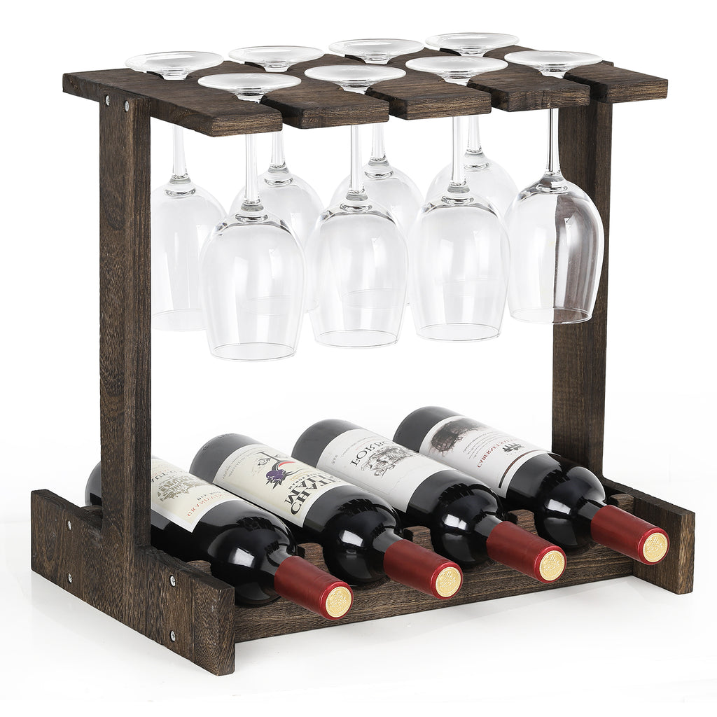 Wine Rack with Glass Holder, Countertop Wine Rack, Wine Storage Cabinet Shelf, Perfect for Home Decor & Kitchen Storage Rack (Hold 4 Bottles and 8 Glasses)