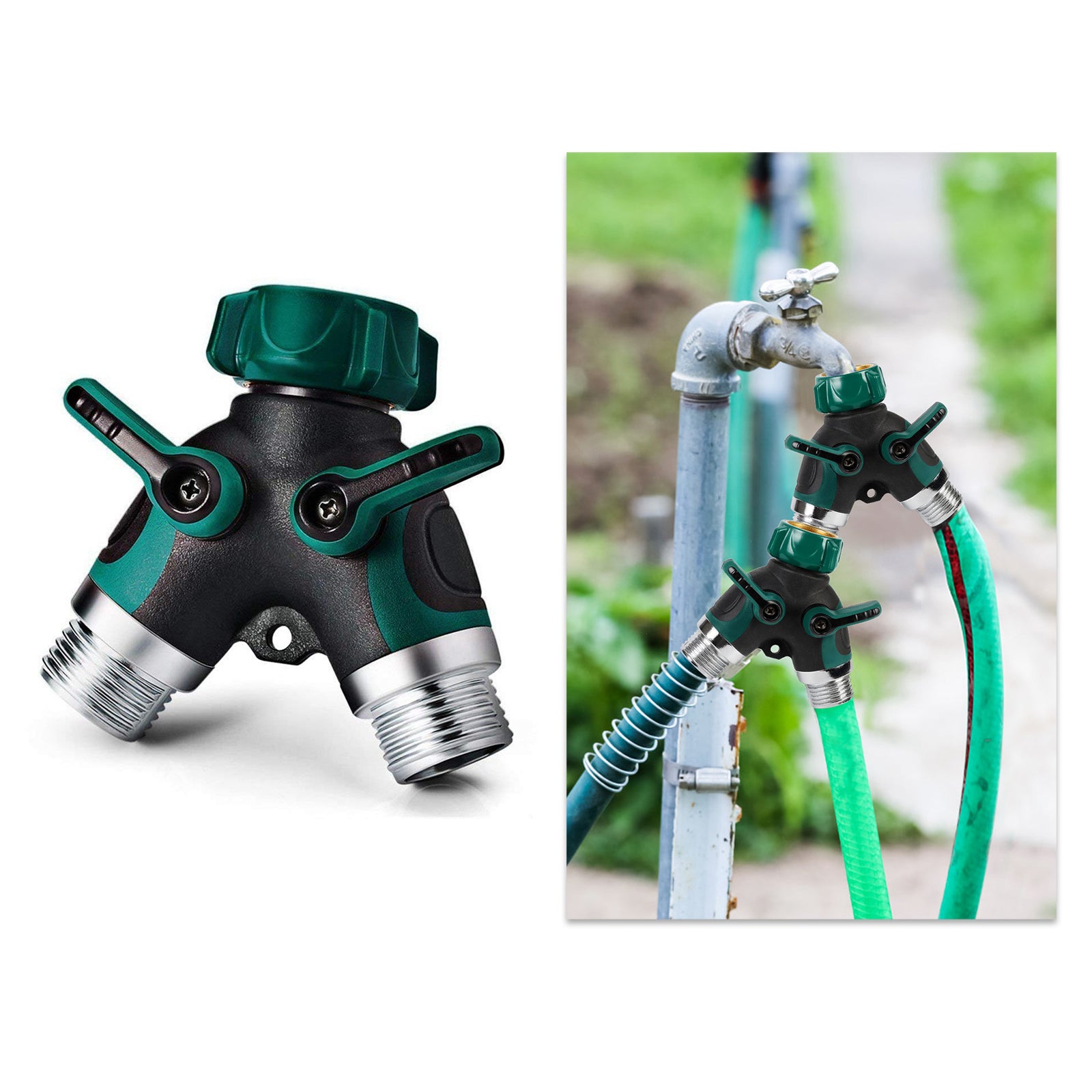 2-Way Y-Shape Garden Hose Splitter (2-Pack) - Heavy-Duty Water Spigot Adapter with Individual Shut-Off Valves