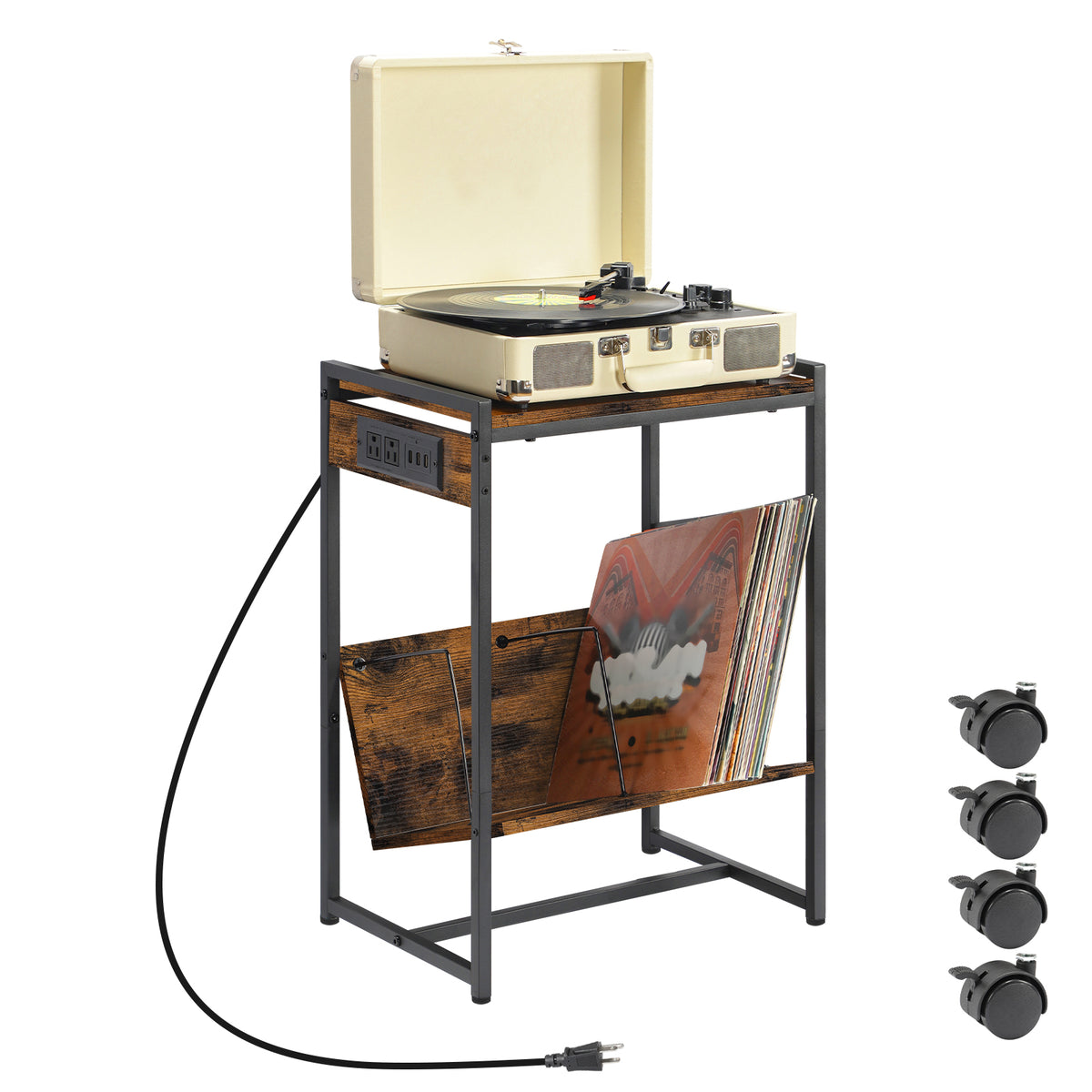 Rolling Record Player Stand with Charging Station, Grey End Table with Vinyl Record Storage, Turntable Stand with USB Ports for Living Room, Bedroom