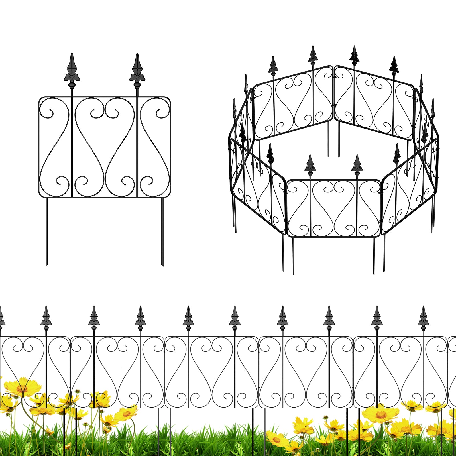 7 Pcs Easy Assembly Rustproof Fence Panels for Yard Lawn, Decorative Metal Outdoor Fences and Borders, Total 26. 4 inch(H) x 10ft(L) Garden Fencing Animal Barrier, for Dogs, Flower Bed, Patio, Square