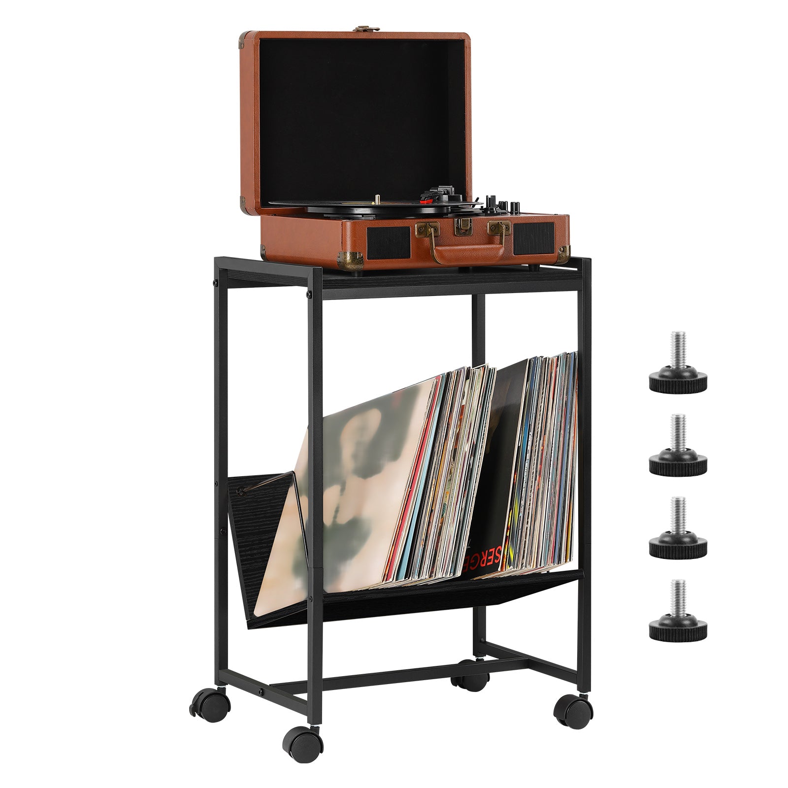 Vintage Vinyl Storage Unit and Turntable Station, Compact Black Side Table with 70 LP Capacity for Home Audio Setup
