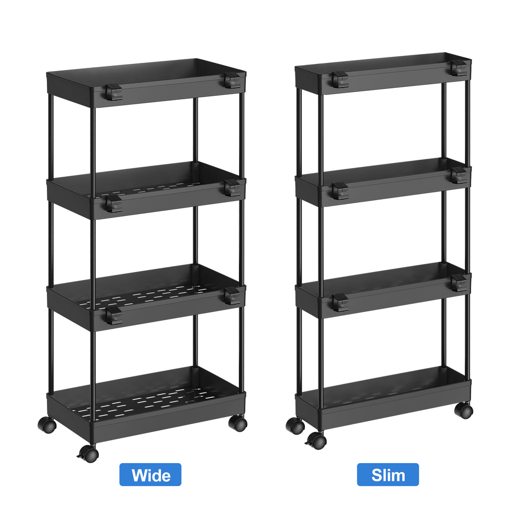 2 Packs Slim Storage Rolling Cart with Wheels, 4 Tier Utility Carts Bathroom Organizers and Storage, for Kitchen Narrow Place, Black
