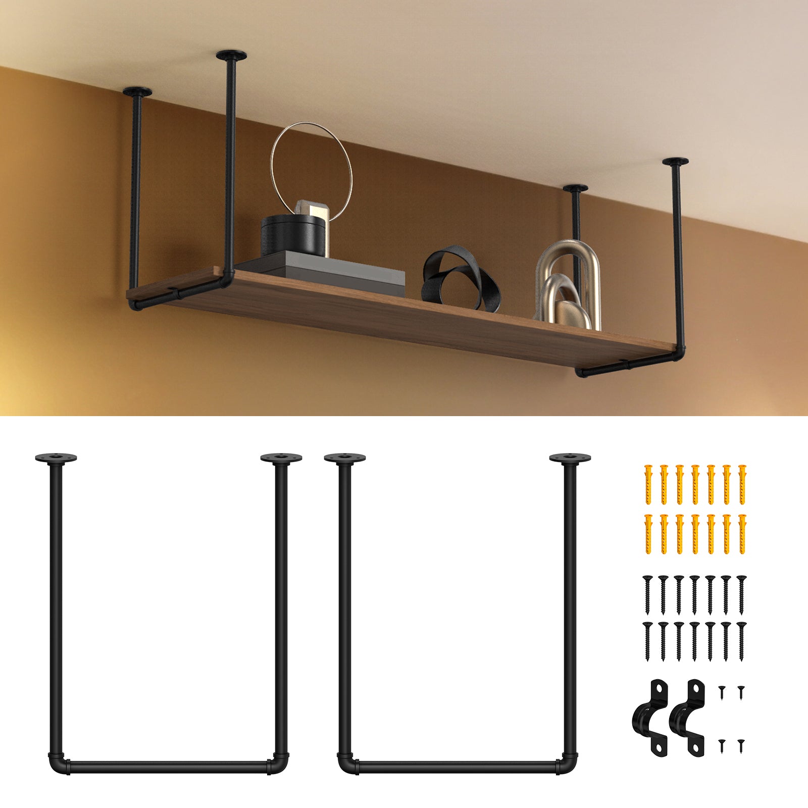 2pcs DIY Heavy Duty Garage Storage Support Brackets, Black Universal Wall & Ceiling Mounted U-Shape Storage Rack Accessories, Ideal for Garage Organization, Kitchen U-Shaped Storage, Floor Mount Support, (No Wood Board)