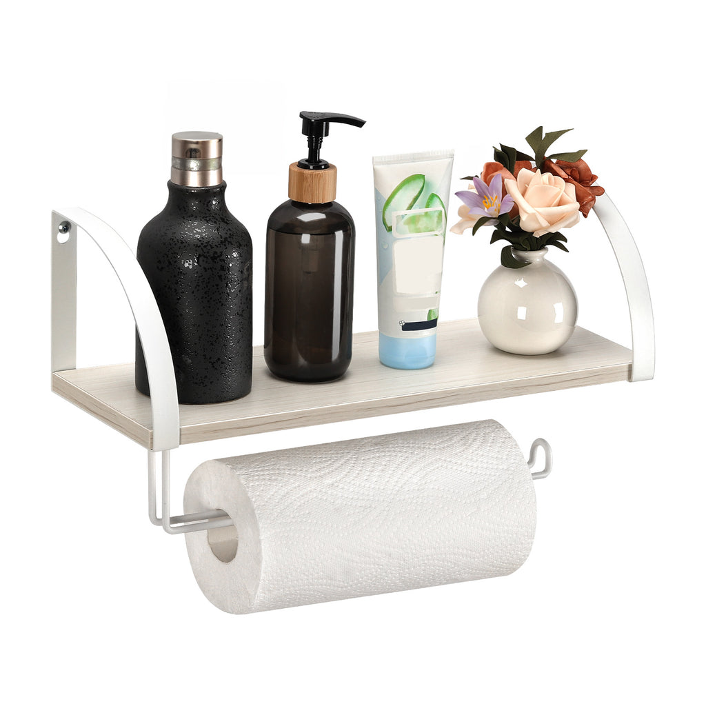 Farmhouse Paper Towel Holder with Shelf - Vintage Wall Mounted Under Cabinet Spice Rack