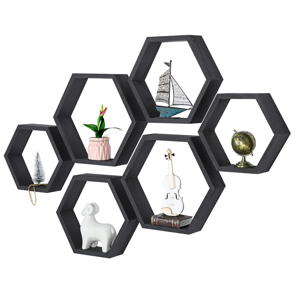 Set of 6 Black Hexagon Floating Shelves - Rustic Wood Honeycomb Wall Mounted Home Decor Storage