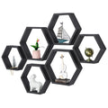 Set of 6 Black Hexagon Floating Shelves - Rustic Wood Honeycomb Wall Mounted Home Decor Storage