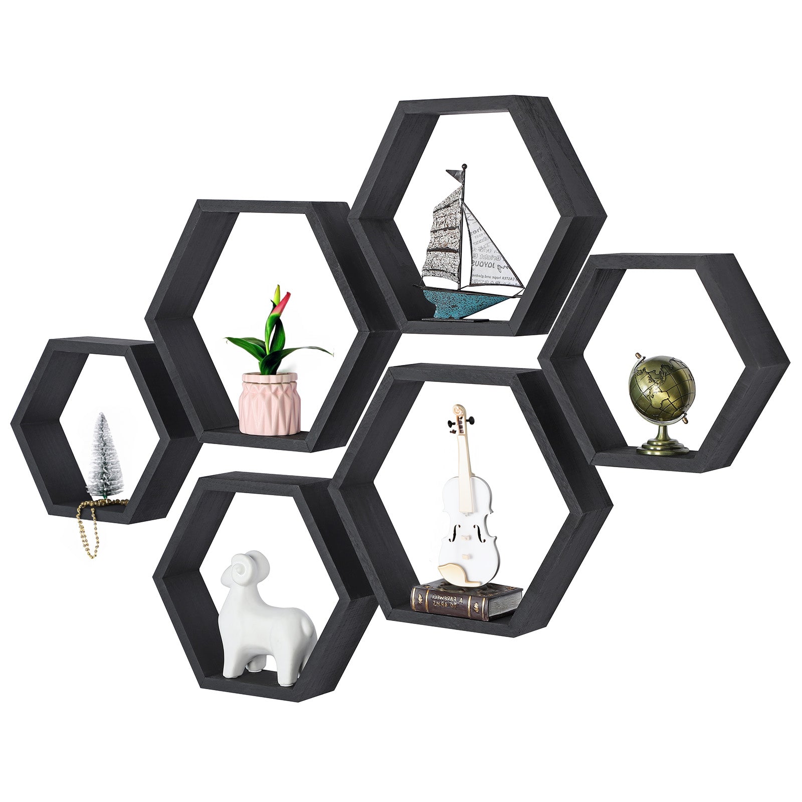 Set of 6 Black Hexagon Floating Shelves - Rustic Wood Honeycomb Wall Mounted Home Decor Storage
