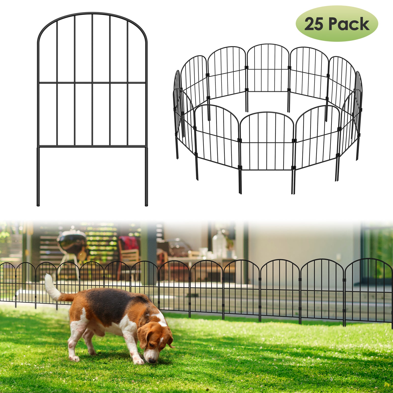 Decorative Arched Metal Garden Fencing - 25 Panels, 27ft x 24in Black Rustproof Wire Fence for Outdoor Yard, Flower Bed Edging, and Animal Barrier