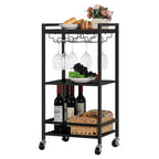 Triple Bar Cart Home Service Cart, Rolling Bar Cart with Glass Shelves, Brown Dining Cart with Storage Shelves for Kitchen Restaurant Party.