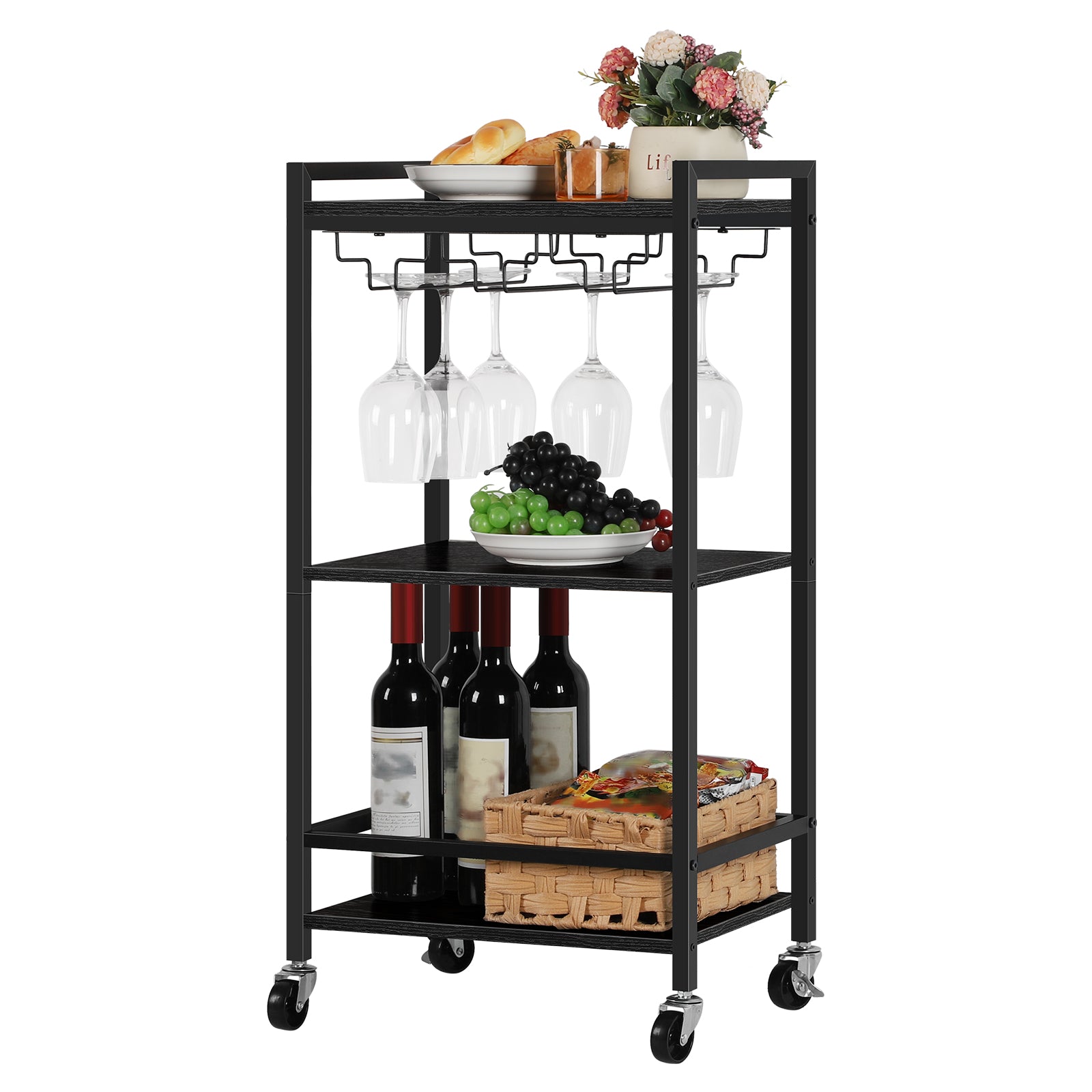 Triple Bar Cart Home Service Cart, Rolling Bar Cart with Glass Shelves, Brown Dining Cart with Storage Shelves for Kitchen Restaurant Party.