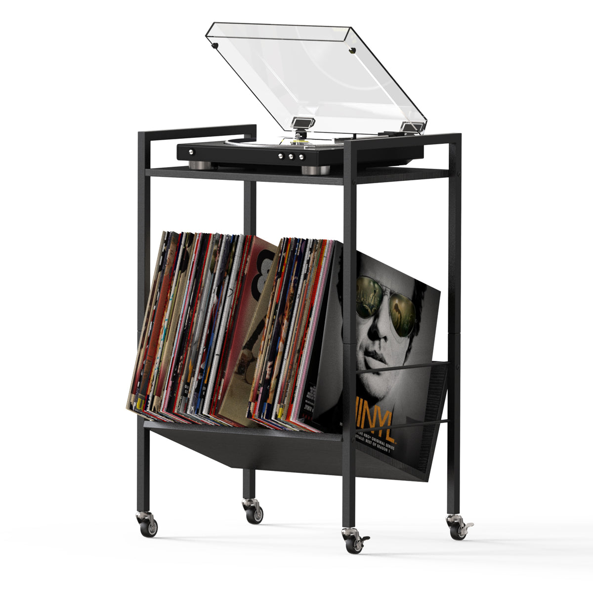 Vinyl Player Stand Record Player Stand with Record Storage Record Player with Wheels Turntable Stand for Record Player 2 Layer Rolling Record Storage for Living Room Bedroom Office Brown