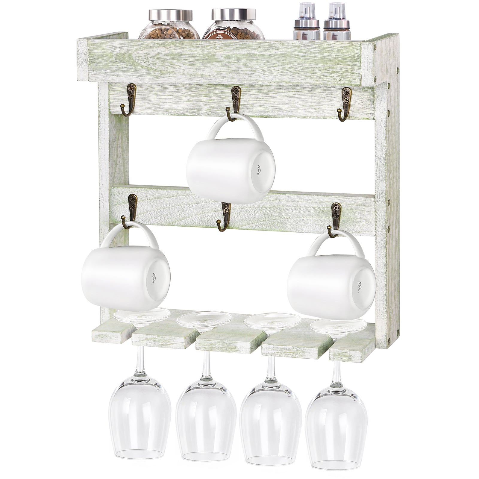 Mug Rack Shelf for Wall Coffee Mug Holder with 6 Hooks and 4 Glasses Hanging Cups Organizer Wall Mount with Shelf Wood Cups Organizer 3 Tier Mugs Display and Collection for Home Kitchen