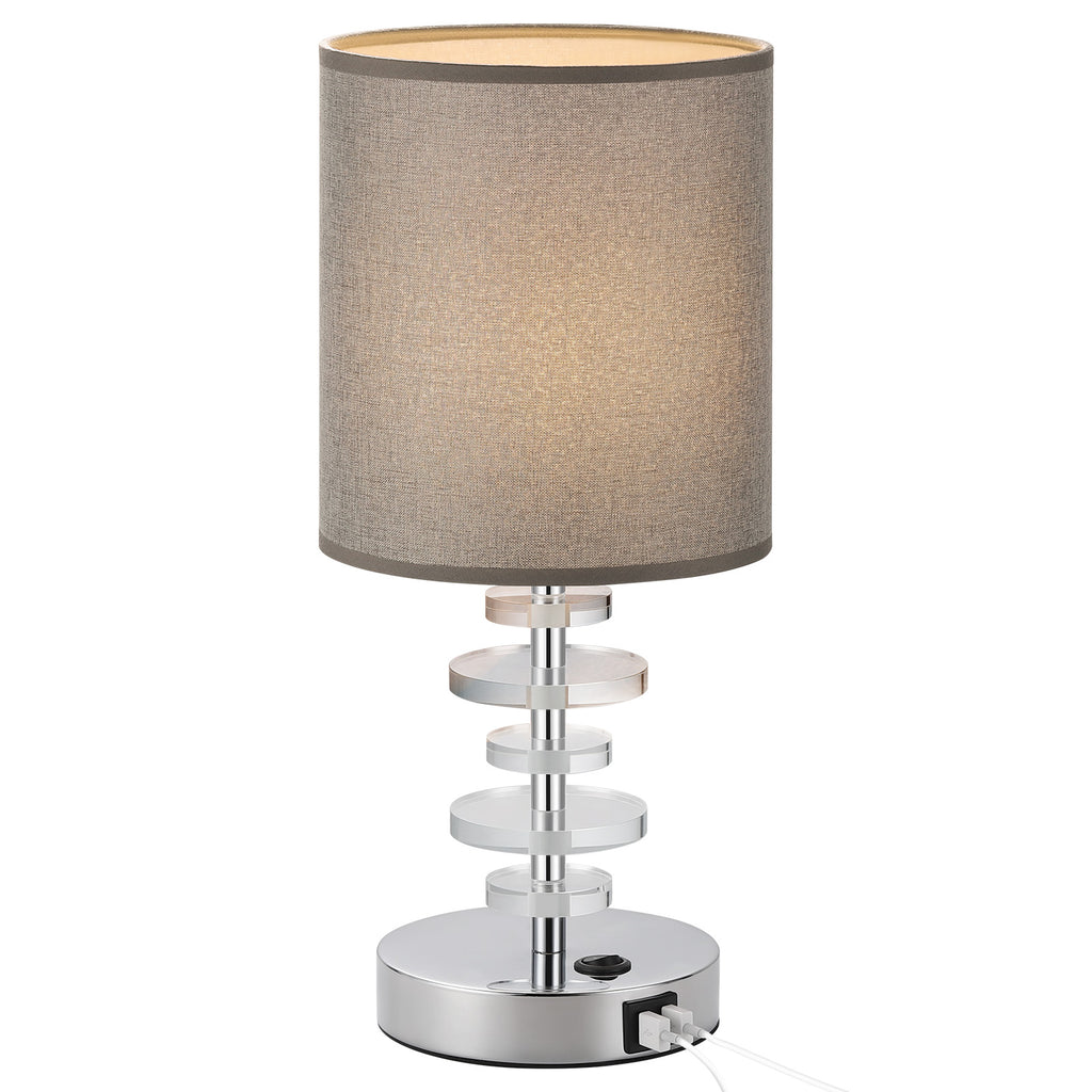 Pair of Crystal Nightstand Lamps with Dual USB Charging Ports and Grey Linen Shades for Bedroom or Office Study