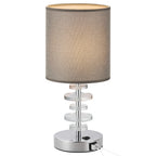 Pair of Crystal Nightstand Lamps with Dual USB Charging Ports and Grey Linen Shades for Bedroom or Office Study