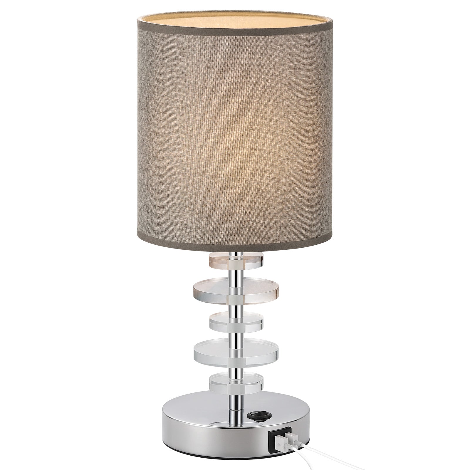 Pair of Crystal Nightstand Lamps with Dual USB Charging Ports and Grey Linen Shades for Bedroom or Office Study