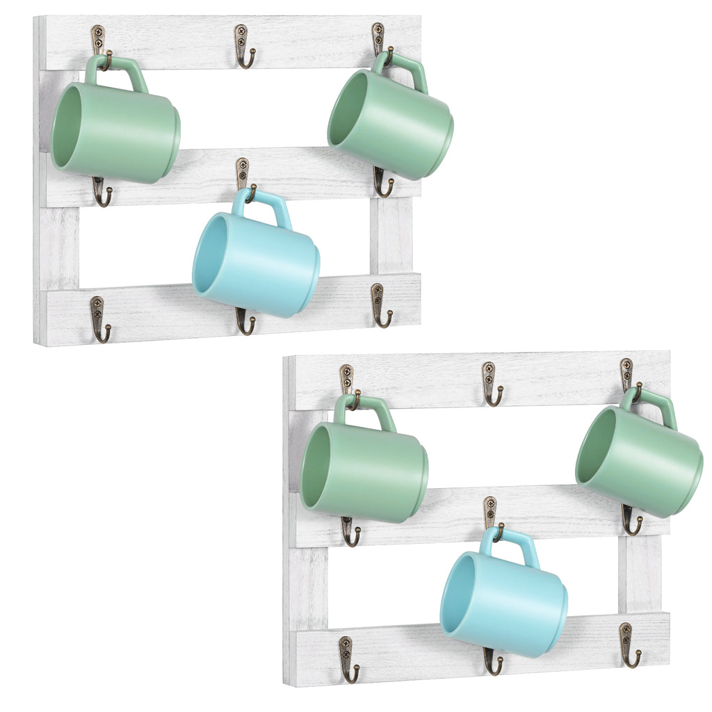 Three Tier Wall Mounted Coffee Cup Holder (Set of Two), Coffee Cup Holder with 9 Hooks, Display Organizer for Coffee Cups, Mugs and Key Storage