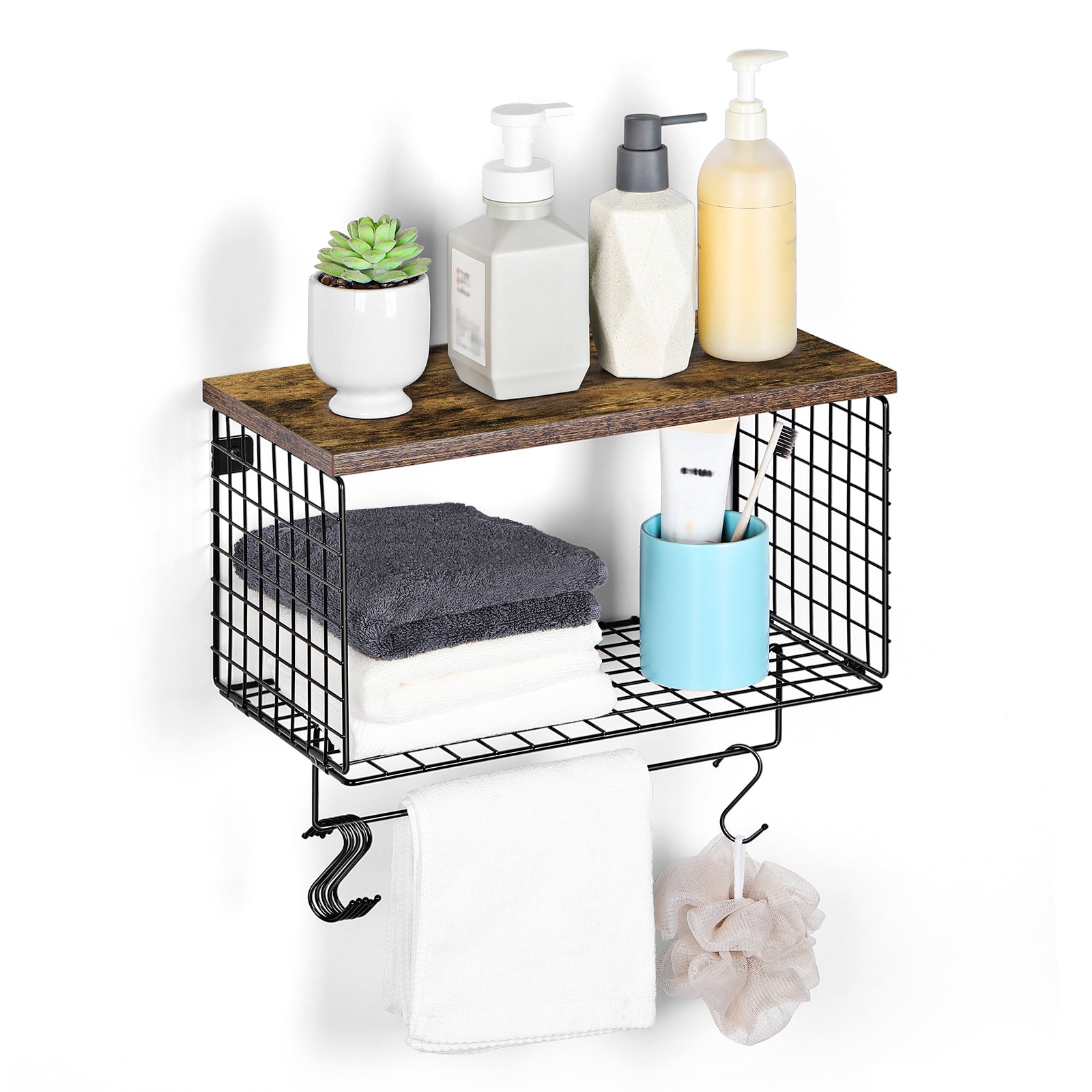 Wall-Mounted Rustic Floating Bathroom Shelves with Integrated Towel Bar and Storage Rack, Black Wood and Metal Over-Toilet Organizer for Kitchen or Bedroom