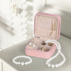 Pink Portable Travel Jewelry Case - Compact PU Leather Zippered Jewelry Organizer for Earrings & Necklaces
