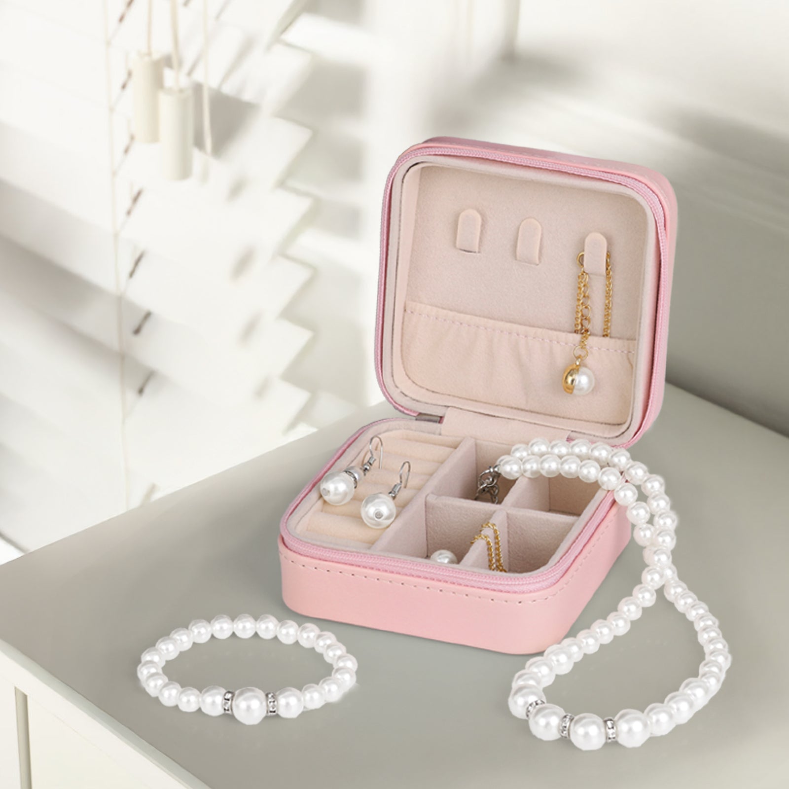 Pink Portable Travel Jewelry Case - Compact PU Leather Zippered Jewelry Organizer for Earrings & Necklaces