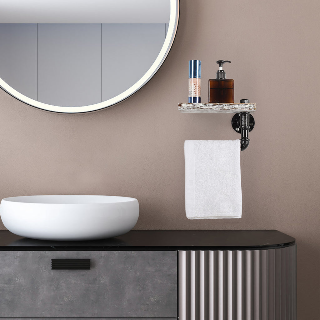 Rustic Whitewashed Wood Industrial Pipe Toilet Paper Holder-Wall-Mounted Tissue Dispenser with Shelf.