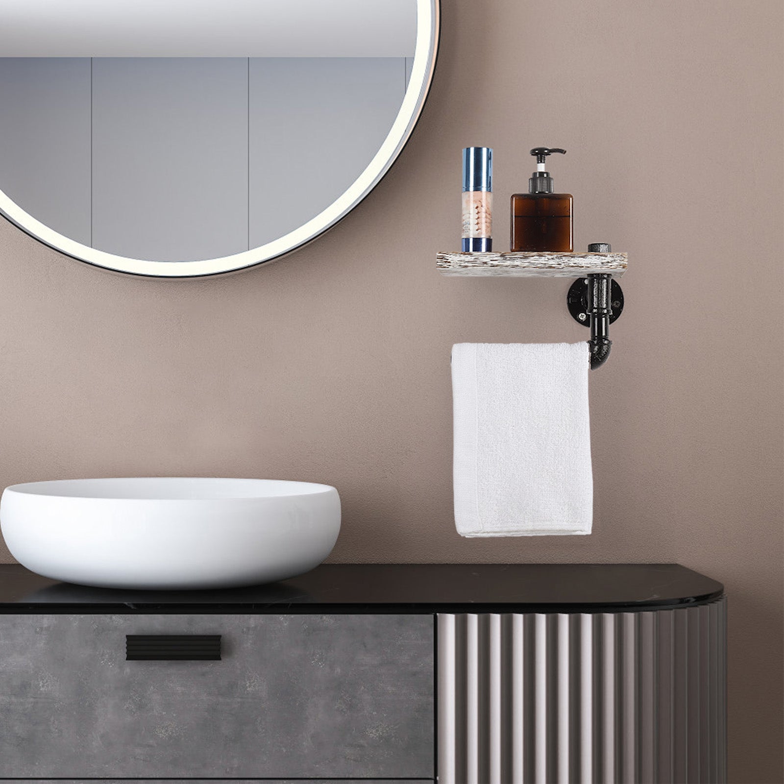 Rustic Whitewashed Wood Industrial Pipe Toilet Paper Holder-Wall-Mounted Tissue Dispenser with Shelf.