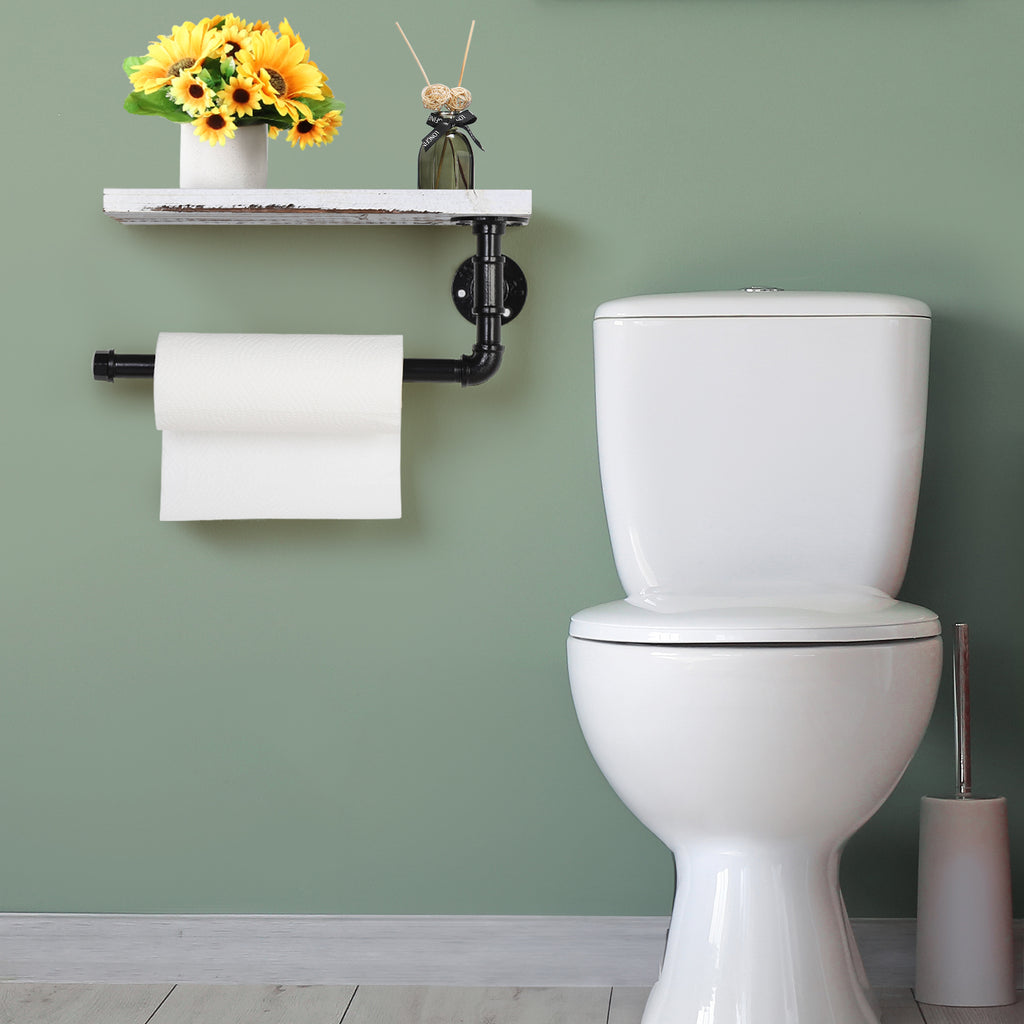 Wall Mounted Industrial Tissue Storage Rack with Wood Shelf, Grey White Kitchen and Bathroom Paper Towel Dispenser Holder