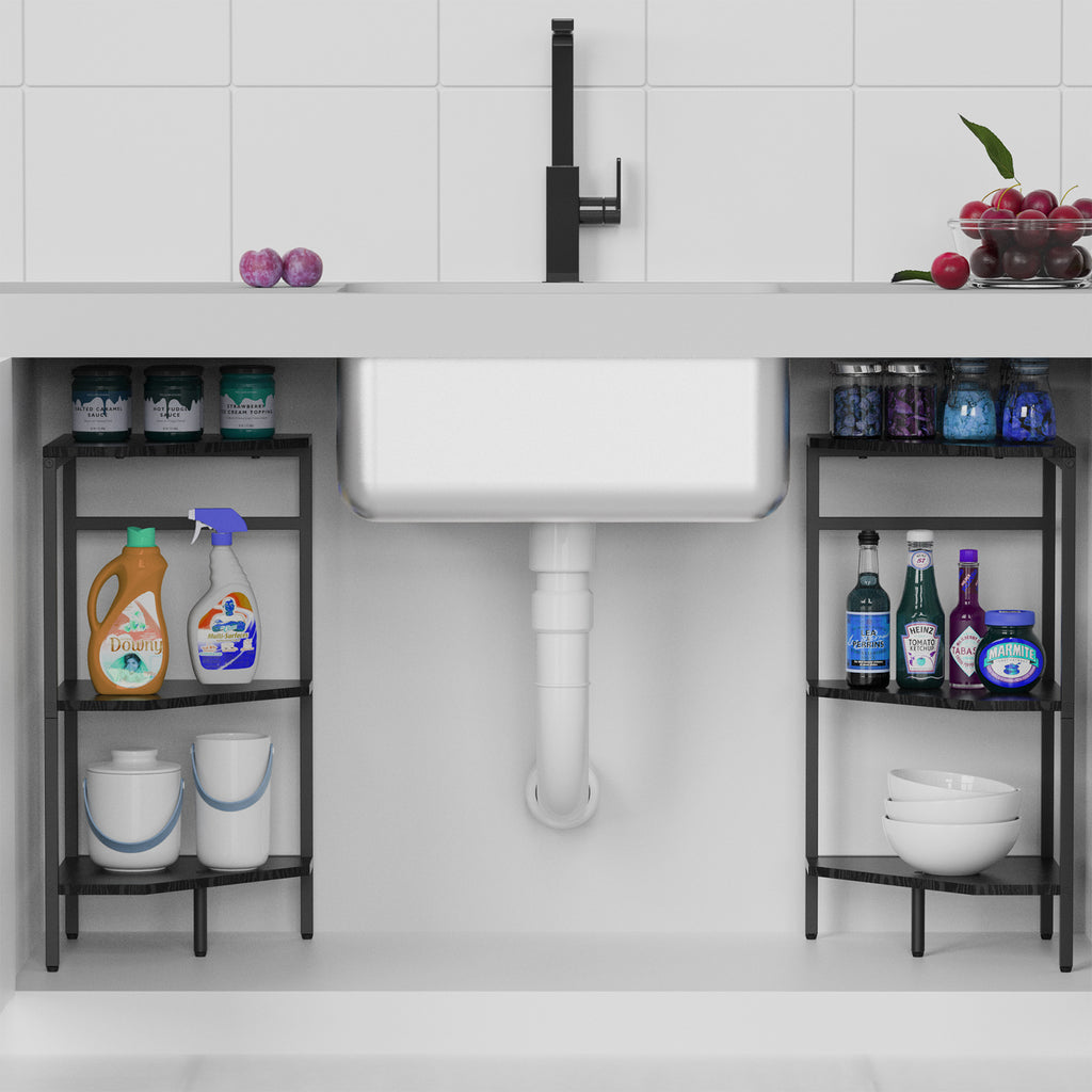 Under Pedestal Sink Storage Cabinet, 3-Tier Bathroom Vanity Organizer, Industrial Corner Shelves with Metal Frame & Wood Top, Space Saving U-Shaped Floor Storage Rack for Small Bathroom, Kitchen, Black
