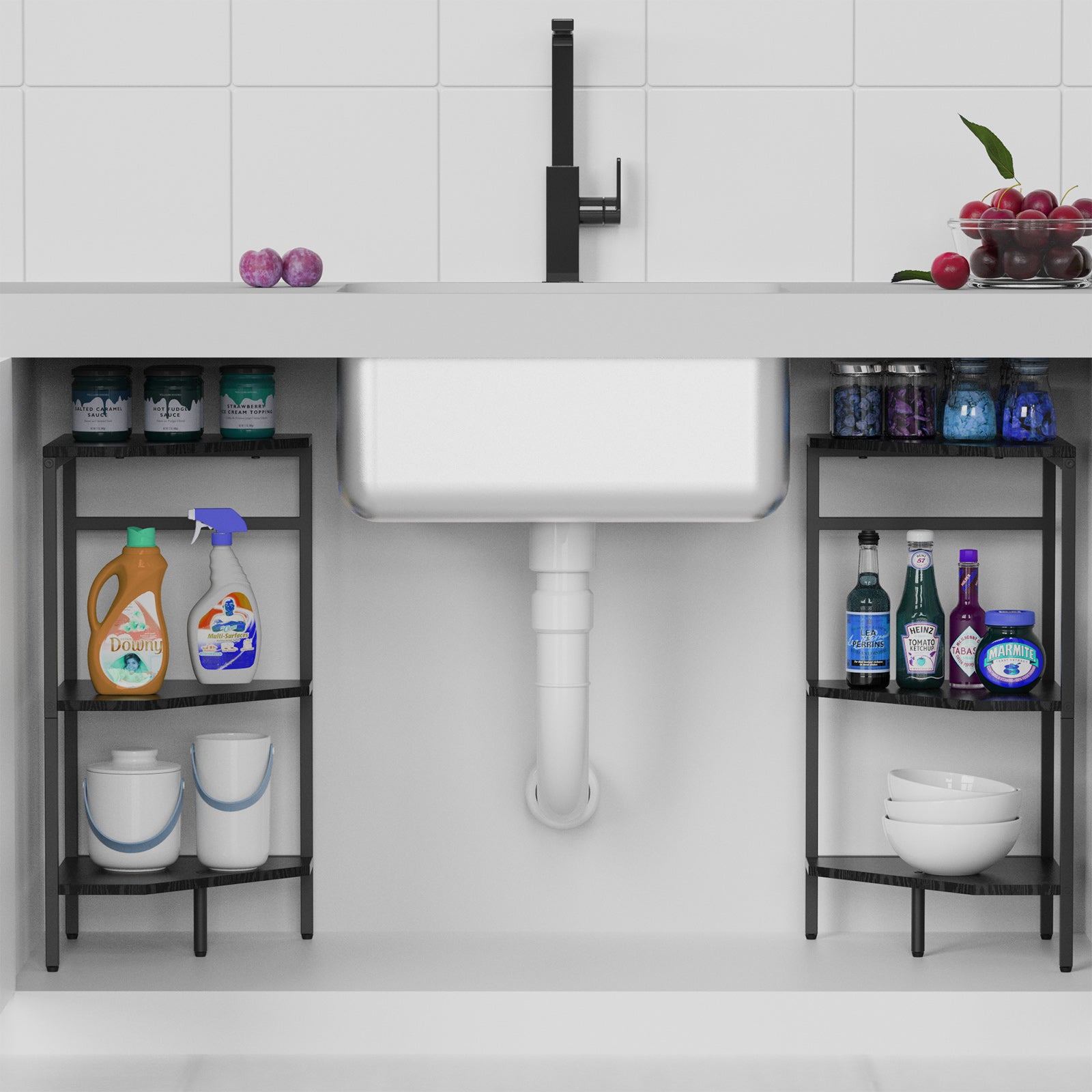 Under Pedestal Sink Storage Cabinet, 3-Tier Bathroom Vanity Organizer, Industrial Corner Shelves with Metal Frame & Wood Top, Space Saving U-Shaped Floor Storage Rack for Small Bathroom, Kitchen, Black