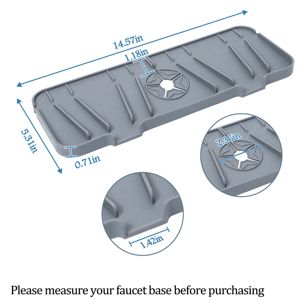 2-Piece Silicone Basin Faucet Mat, Protective Countertop Drip Catcher and Splash Guard Set for Kitchen and Bathroom Fixtures (Grey)