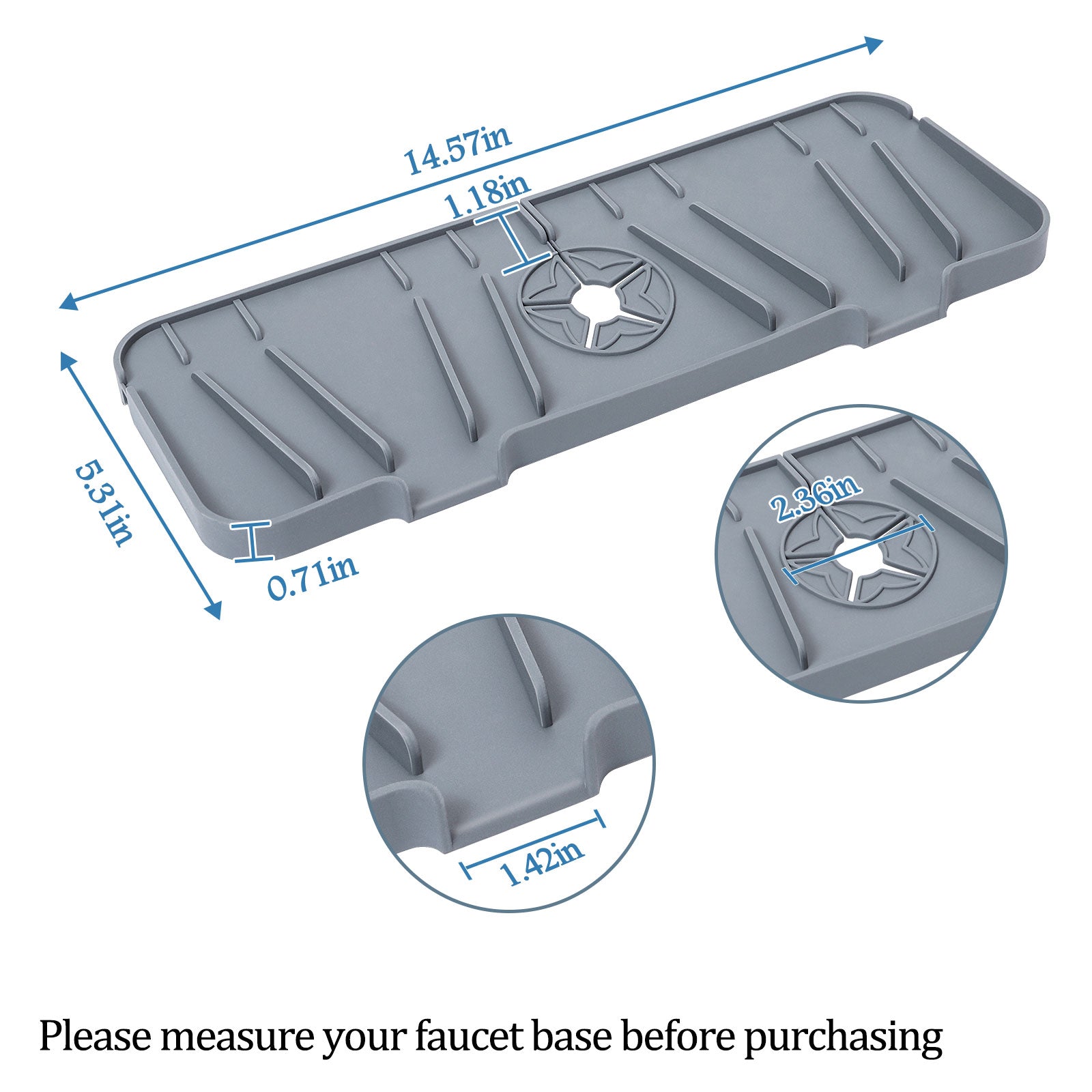 2-Piece Silicone Basin Faucet Mat, Protective Countertop Drip Catcher and Splash Guard Set for Kitchen and Bathroom Fixtures (Grey)