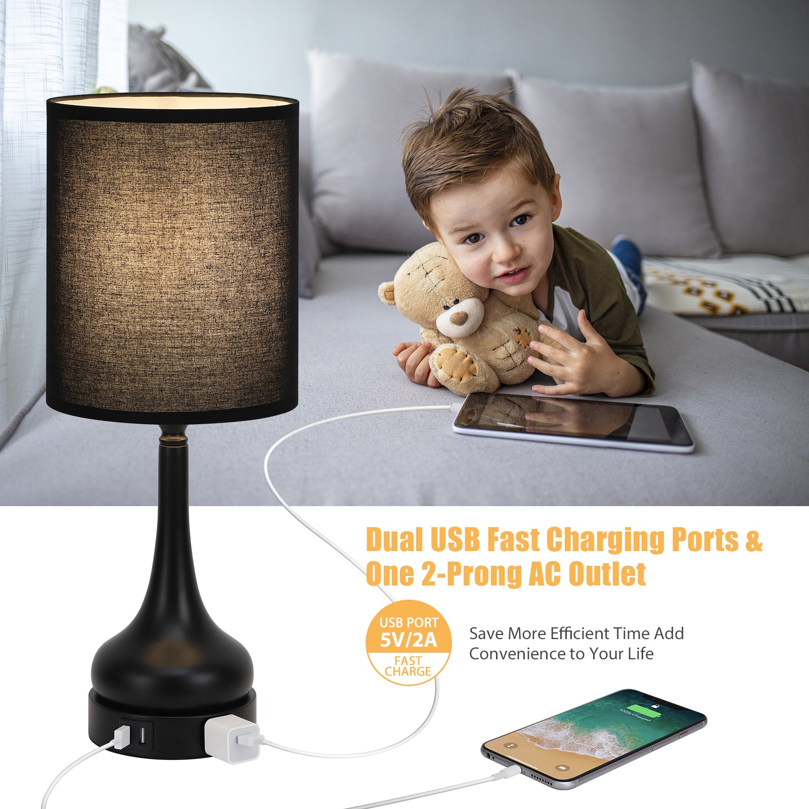 2-Pack 3-Way Dimmable Touch Control Bedside Lamps with Dual USB Ports and AC Outlet, Ideal for Bedroom and Office, LED Bulbs Included