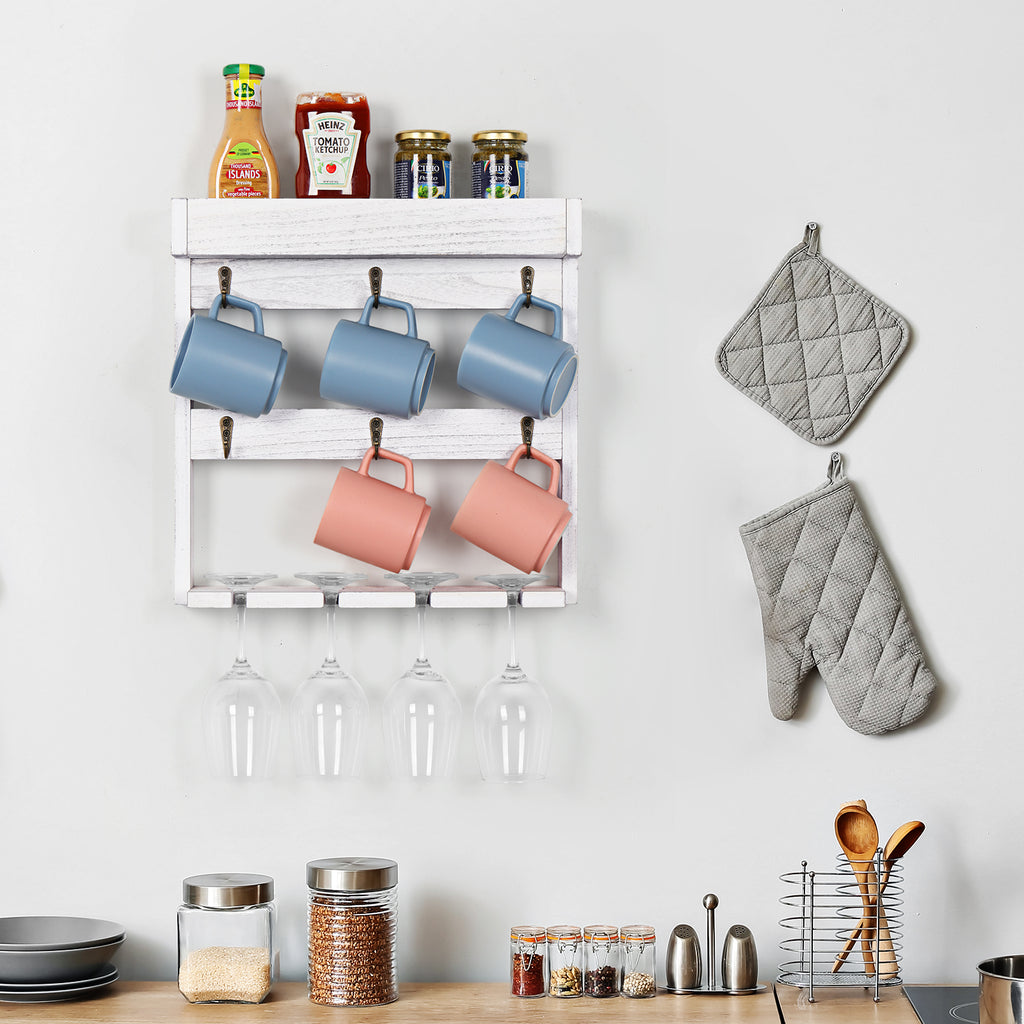 Mug Rack Shelf for Wall Coffee Mug Holder with 6 Hooks and 4 Glasses Hanging Cups Organizer Wall Mount with Shelf Wood Cups Organizer 3 Tier Mugs Display and Collection for Home Kitchen