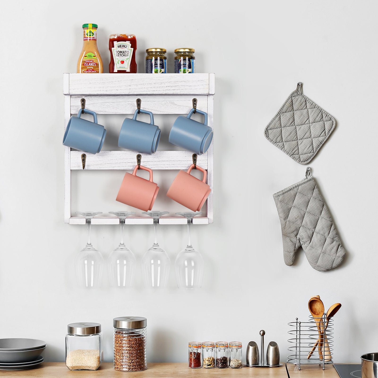Mug Rack Shelf for Wall Coffee Mug Holder with 6 Hooks and 4 Glasses Hanging Cups Organizer Wall Mount with Shelf Wood Cups Organizer 3 Tier Mugs Display and Collection for Home Kitchen