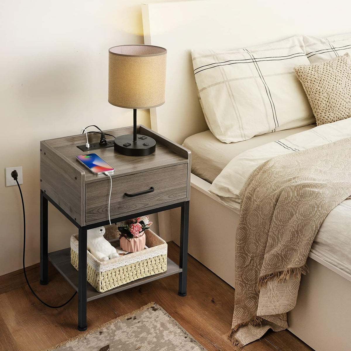 Nightstand with Charging Station - 2-Tier End Table with Drawer & USB Ports for Bedroom